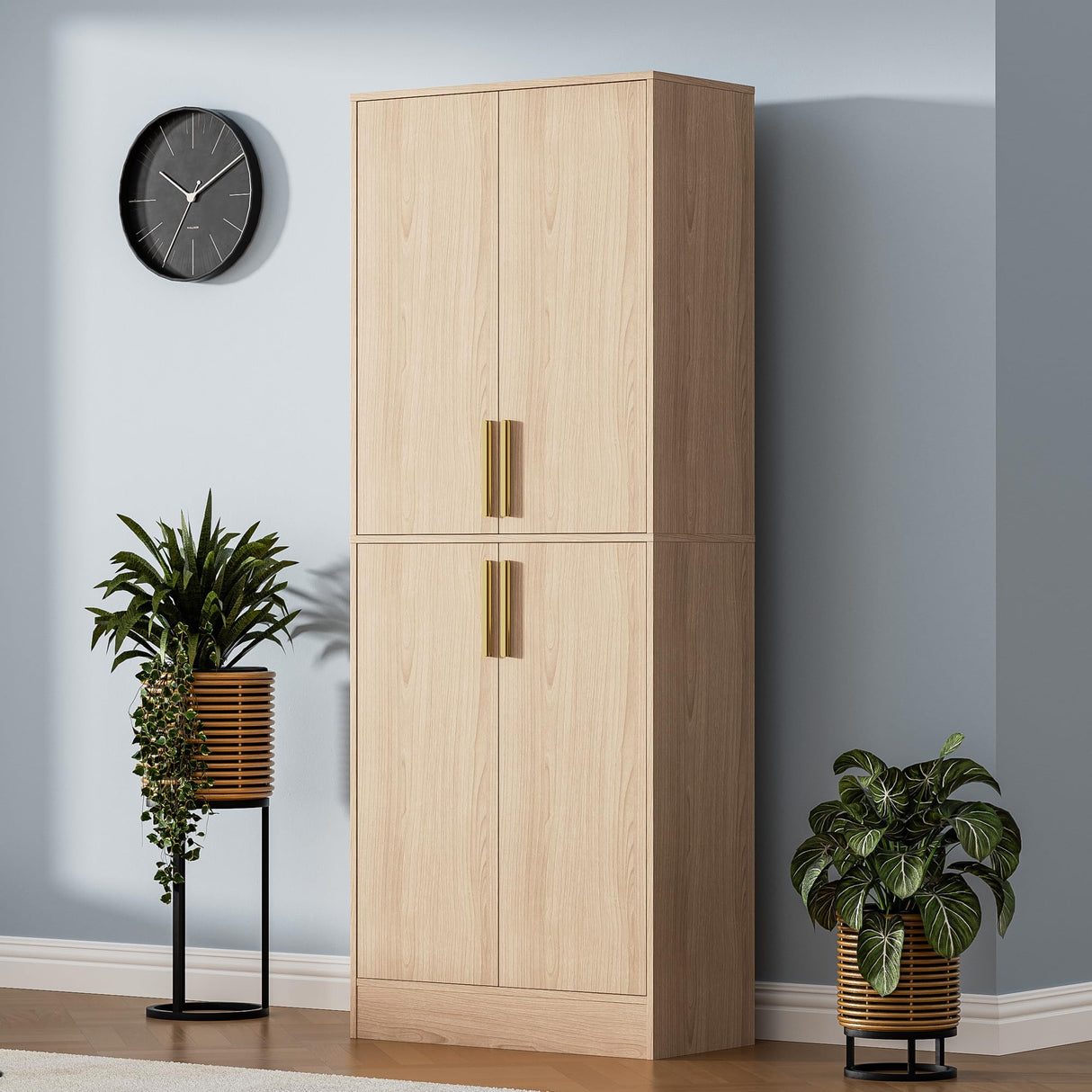 Housoul 71" Tall Pantry Cabinet with 4 Doors, Kitchen Pantry Storage Cabinet, Freestanding Larder Cupboard, Utility Kitchen Hutch with Gold Handles for Dining Room, Bathroom, Oak Housoul