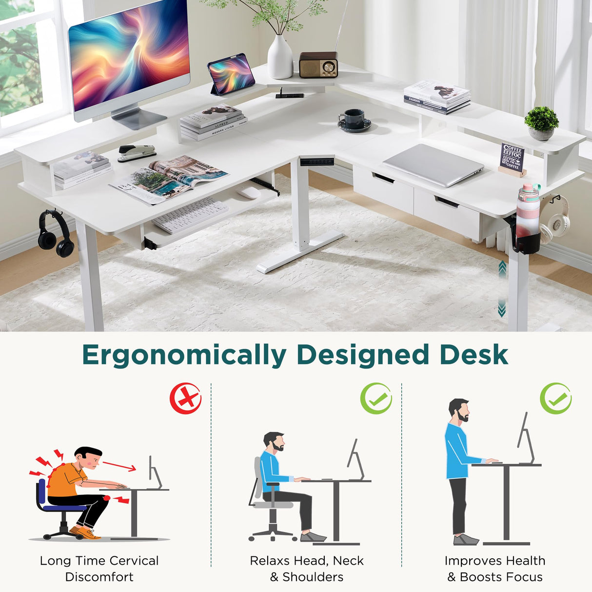 RedLemon 60 Inches L Shaped Electric Standing Desk, Height Adjustable Corner Gaming Desk with Drawers, Keyboard Tray, Power Outlets & LED Lights, Comnputer Desk with Monitor Shelf, Antique White RedLemon