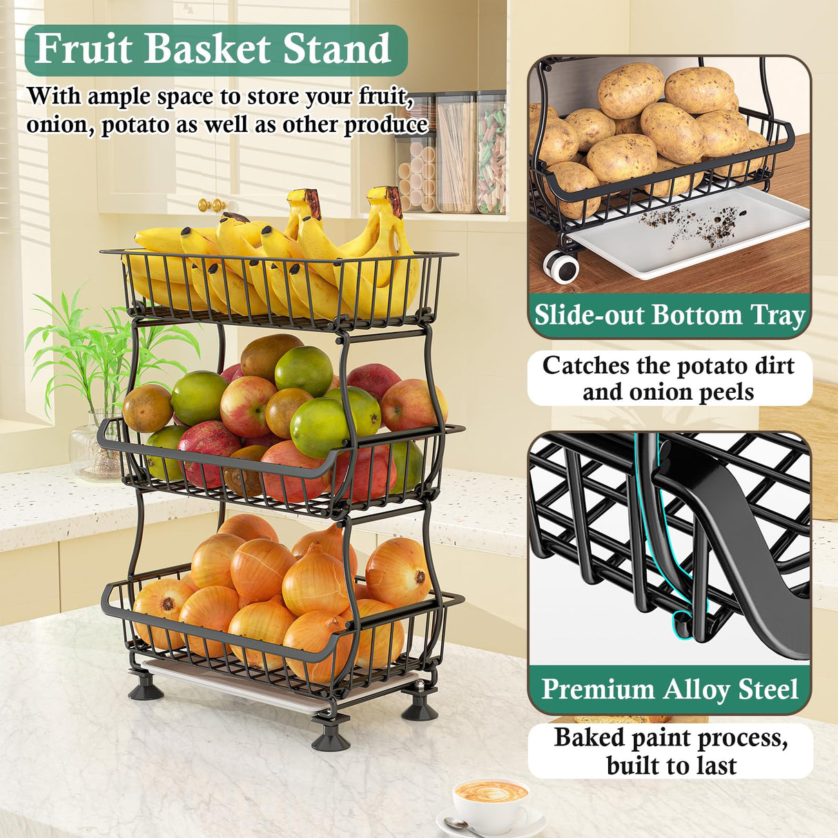 OKZEST 3-Tier Rolling Pantry Floor Organizers and Storage Cart with Wheels, Stackable Wire Pantry Baskets for Pantry Shelves, Kitchen Fruit Basket Stand and Storage Rack for Fruit Snack Onion Potato OKZEST