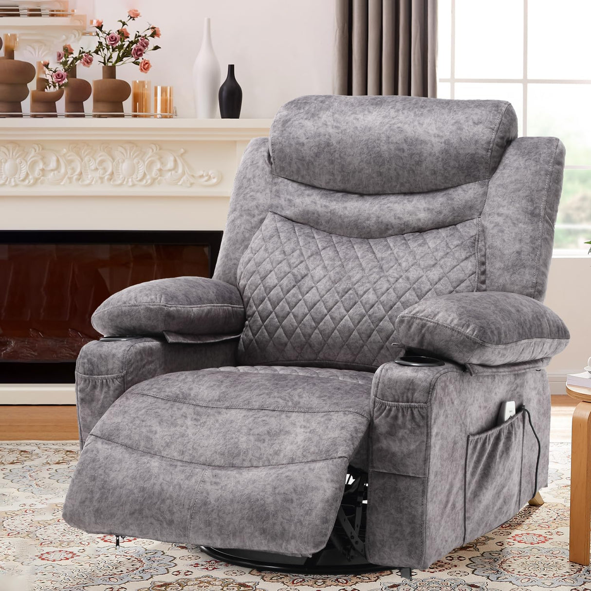 Comermax Power Swivel Rocker Recliner Chair with Massage and Heat, Wide Seat Overstuffed Reclining Chair with Cup Holders USB Port, Fabric Electric Rocking Recliner Glider Chair, Grey Comermax