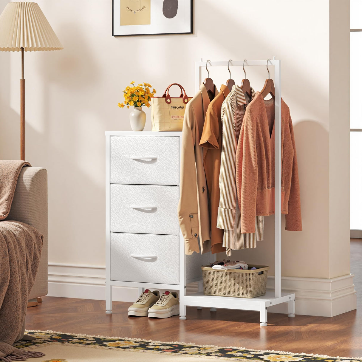 AFLUI Dresser for Bedroom with Hanging Rack, 3 Drawers Dresser for Bedroom - White AFLUI