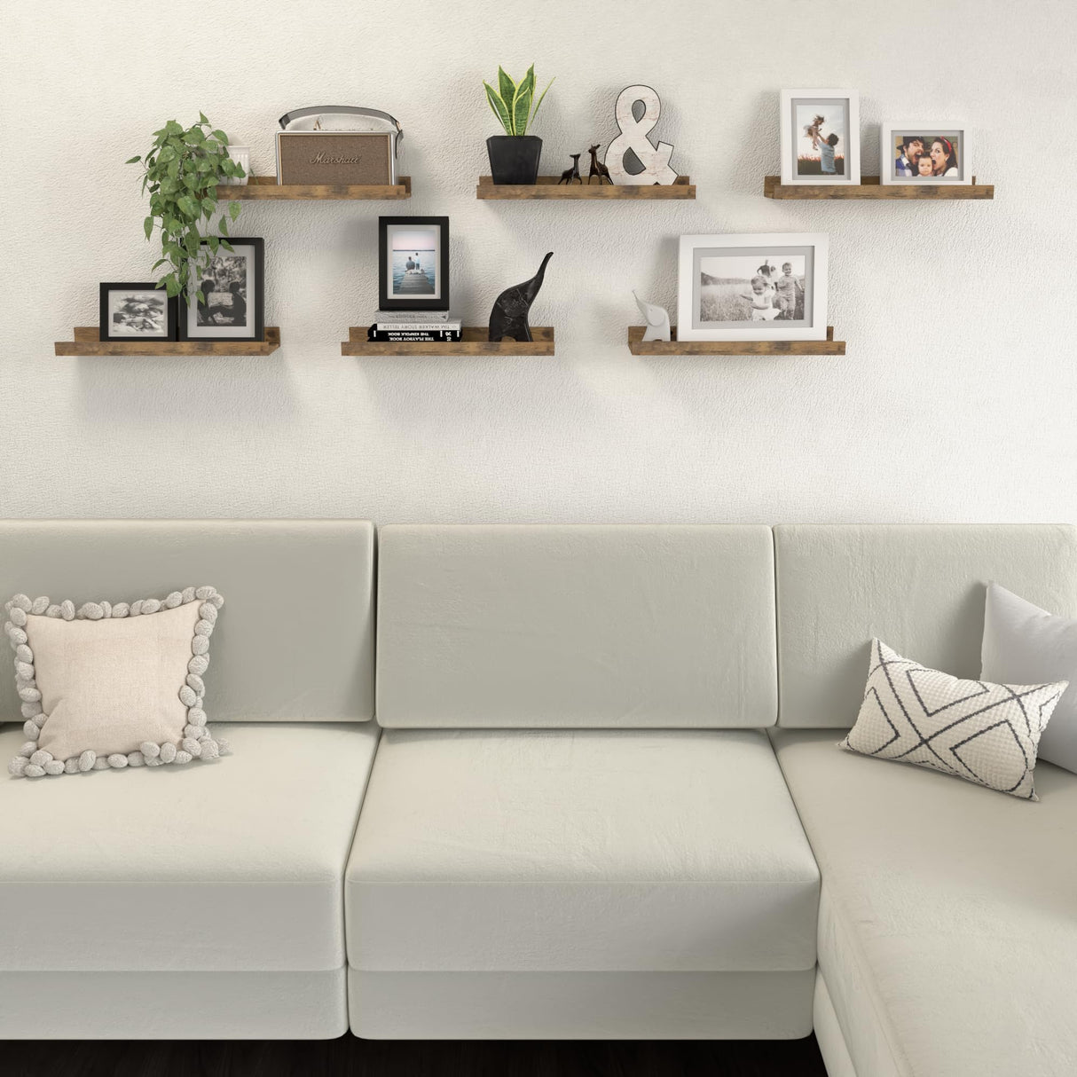 DOLLFIO Floating Shelves Set of 6, Farmhouse Wall Shelves with Lip, Display Shelves for Wall Decor, Rustic Picture Ledge for Living Room, Bedroom, Nursery, Bathroom, Pictures, Books, Plants- Brown DOLLFIO