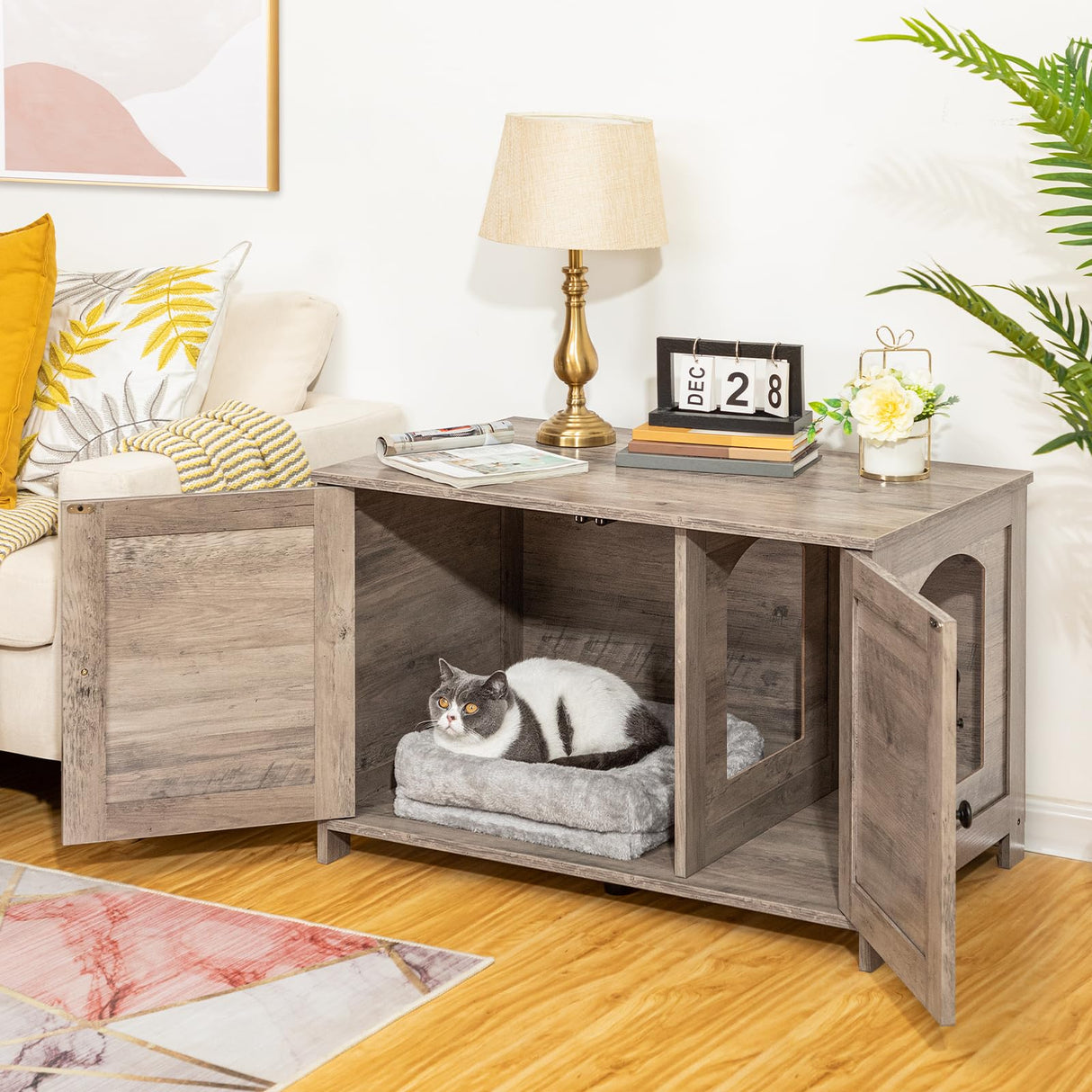 HOOBRO Litter Box Enclosure, Cat Litter Box Furniture with Removable Divider, Large Hidden Litter Box Furniture, Wooden Cat House, End Side Table, 31" L x 17.5" W x 19.7" H, Greige BG03MW01G2 HOOBRO