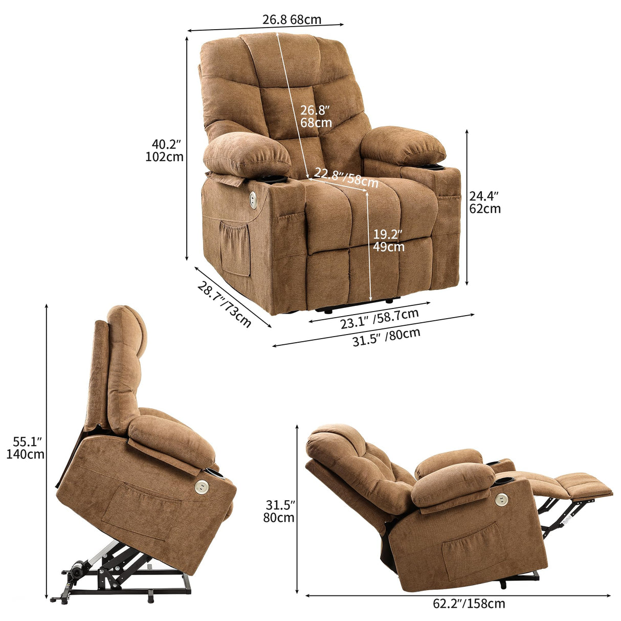 YITAHOME Power Lift Recliner Chair for Elderly with Vibration Massage and Lumbar Heating, Electric Lift Recliner Single Sofa with Side Pocket, Two Cup Holders and USB Charge Port for Living Room,Brown YITAHOME