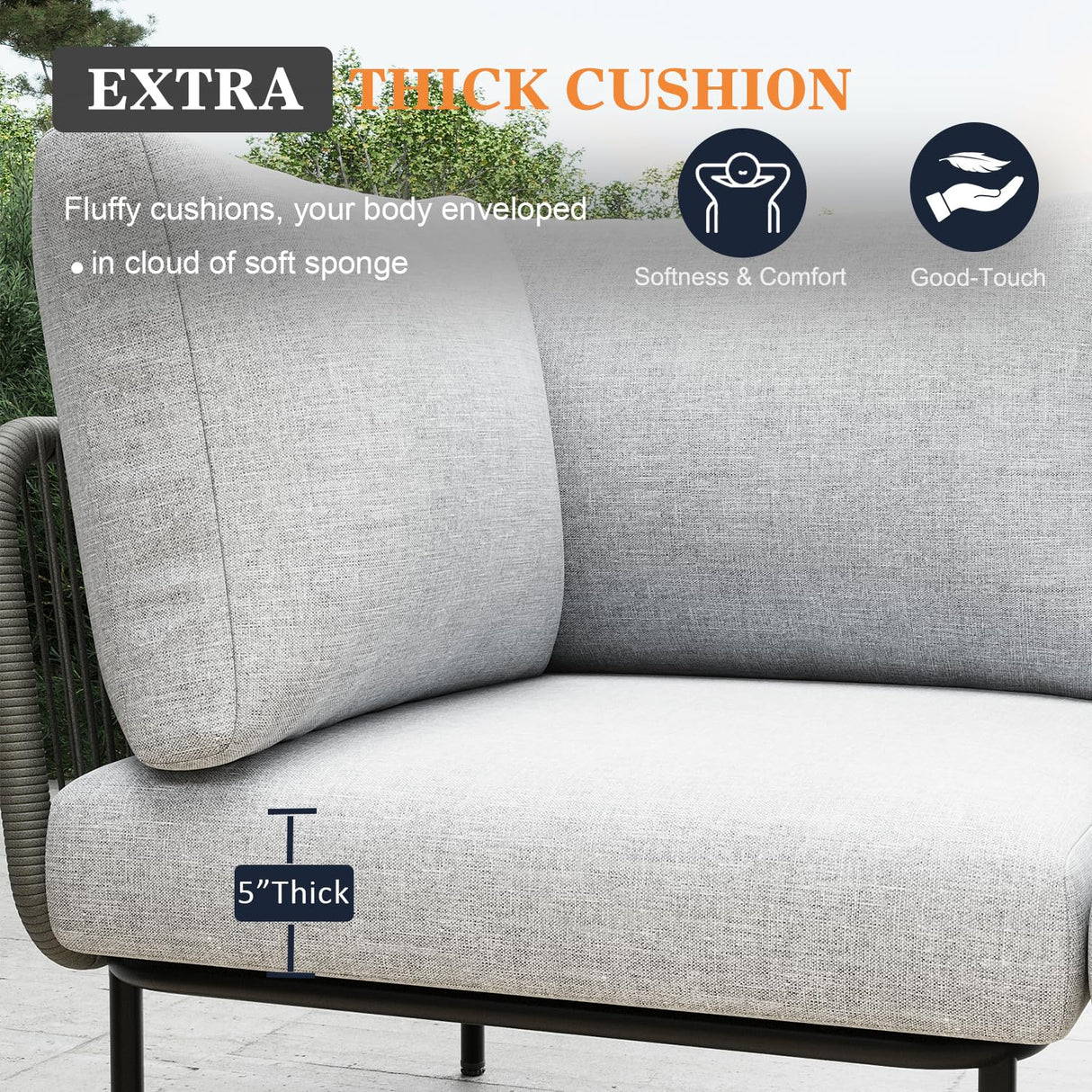 Vakollia 7 Piece Modern Outdoor Rope Wicker Sectional Patio L-Shaped Conversation Sofa Set Deep Seating with Fire Pit Table Vakollia