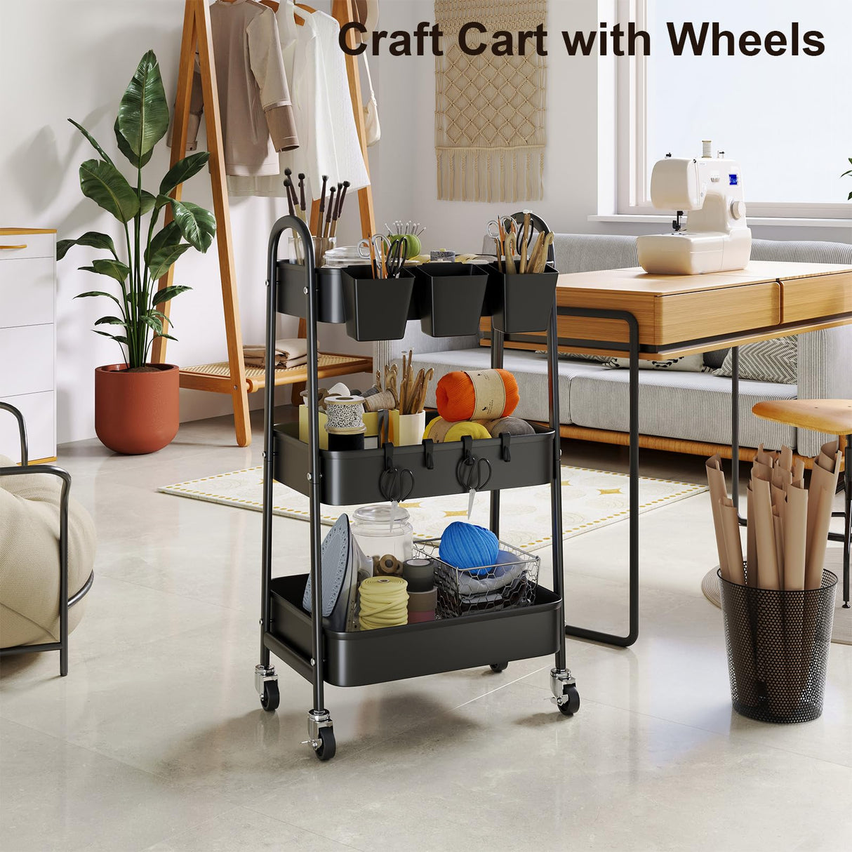 3 Tier Black Metal Rolling Cart with Lockable Wheels & Hanging Cups, Utility Storage Organizer for Bathroom, Kitchen, Laundry, Garage, Craft, Baby Diaper, Snack and Book, Easy Assembly Recximi