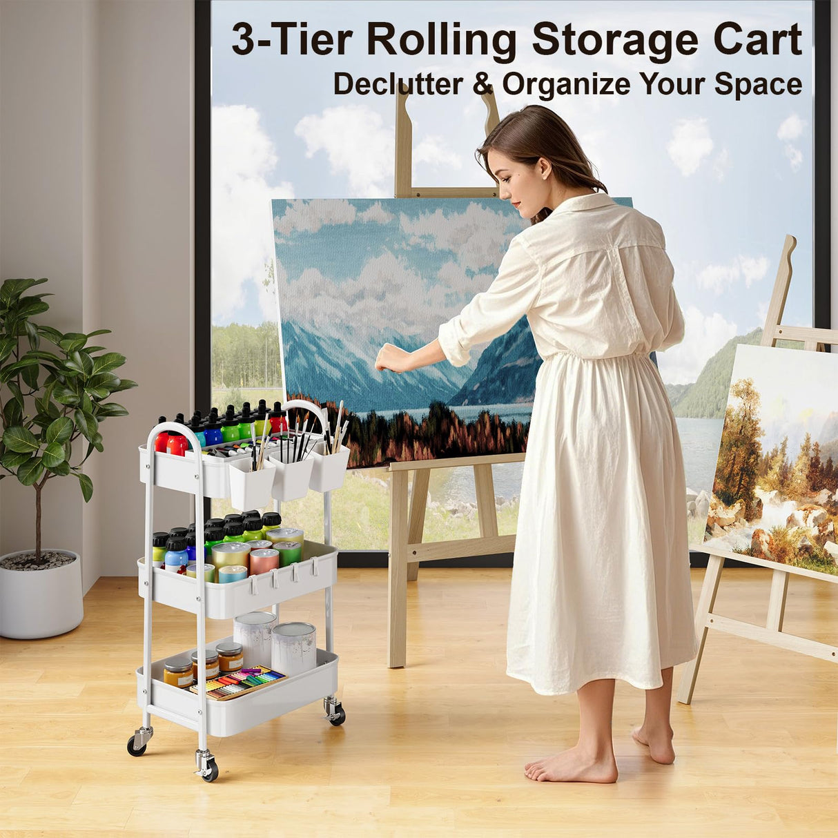 3 Tier Heavy Duty White Metal Rolling Cart with Lockable Wheels, Three Tier Roller Book Snack Cart, Utility Storage Organizer Carts for Kitchen, Bathroom, Garage, Baby Diaper, Craft, Art, Teacher Recximi