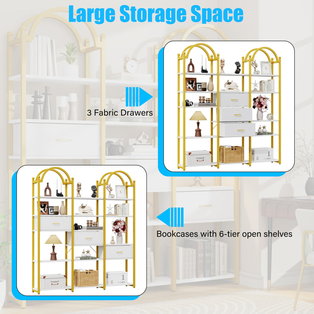 Nosepen 83.5" Tall Arched Bookshelf with 3 Drawers and 13 Storage Shelves, Industrial Open Book Shelf with Display Shelves, Large Etagere Bookshelf, Triple Wide Book Case for Home & Office, Gold Nosepen