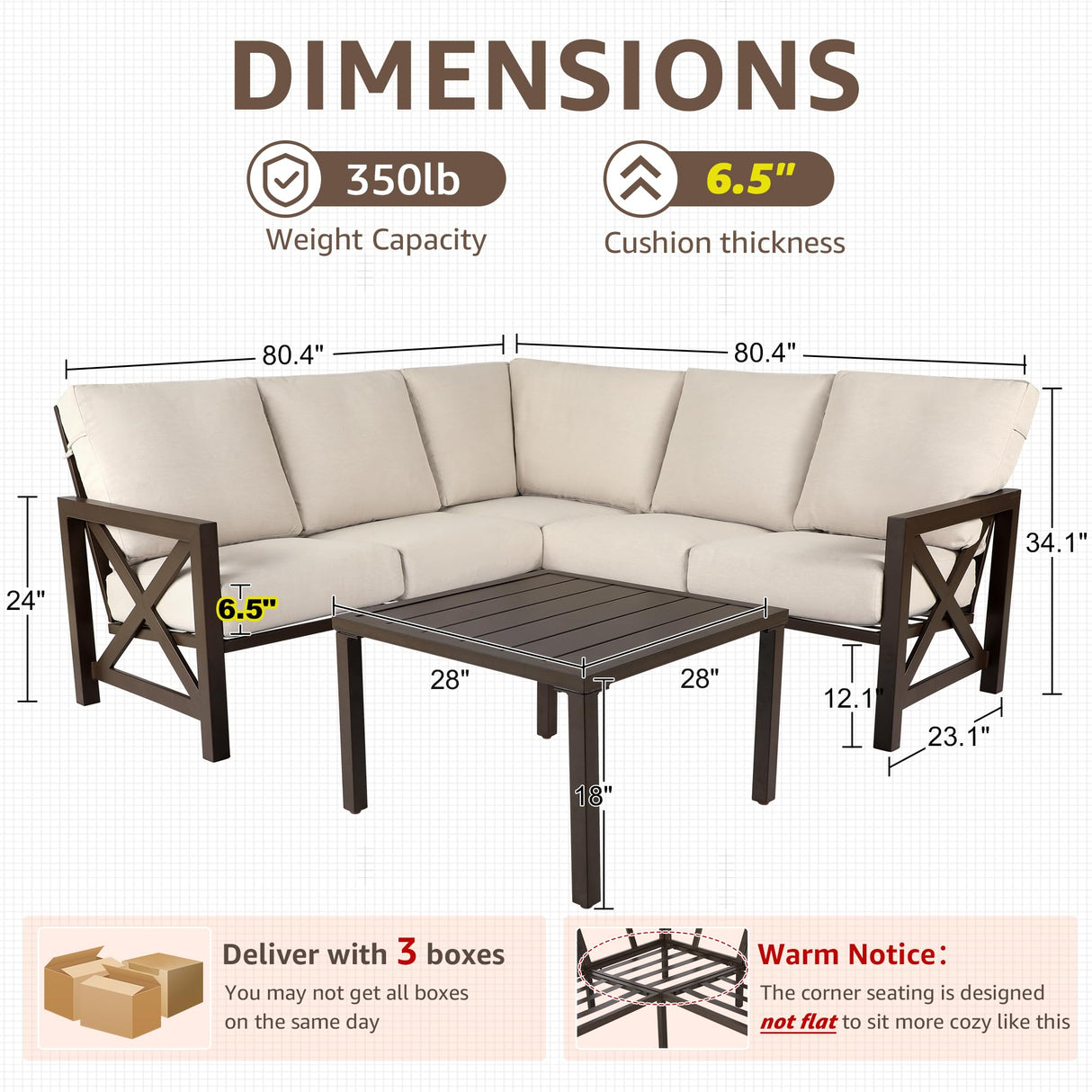 NATURAL EXPRESSIONS 6 Pieces Patio Furniture Sets, Metal Outdoor Sectional Furniture L Shape Patio Conversation Sets,Highback Frame,Metal Table,Large Waterproof Cover, 6.5" Olefin Cushions NATURAL EXPRESSIONS