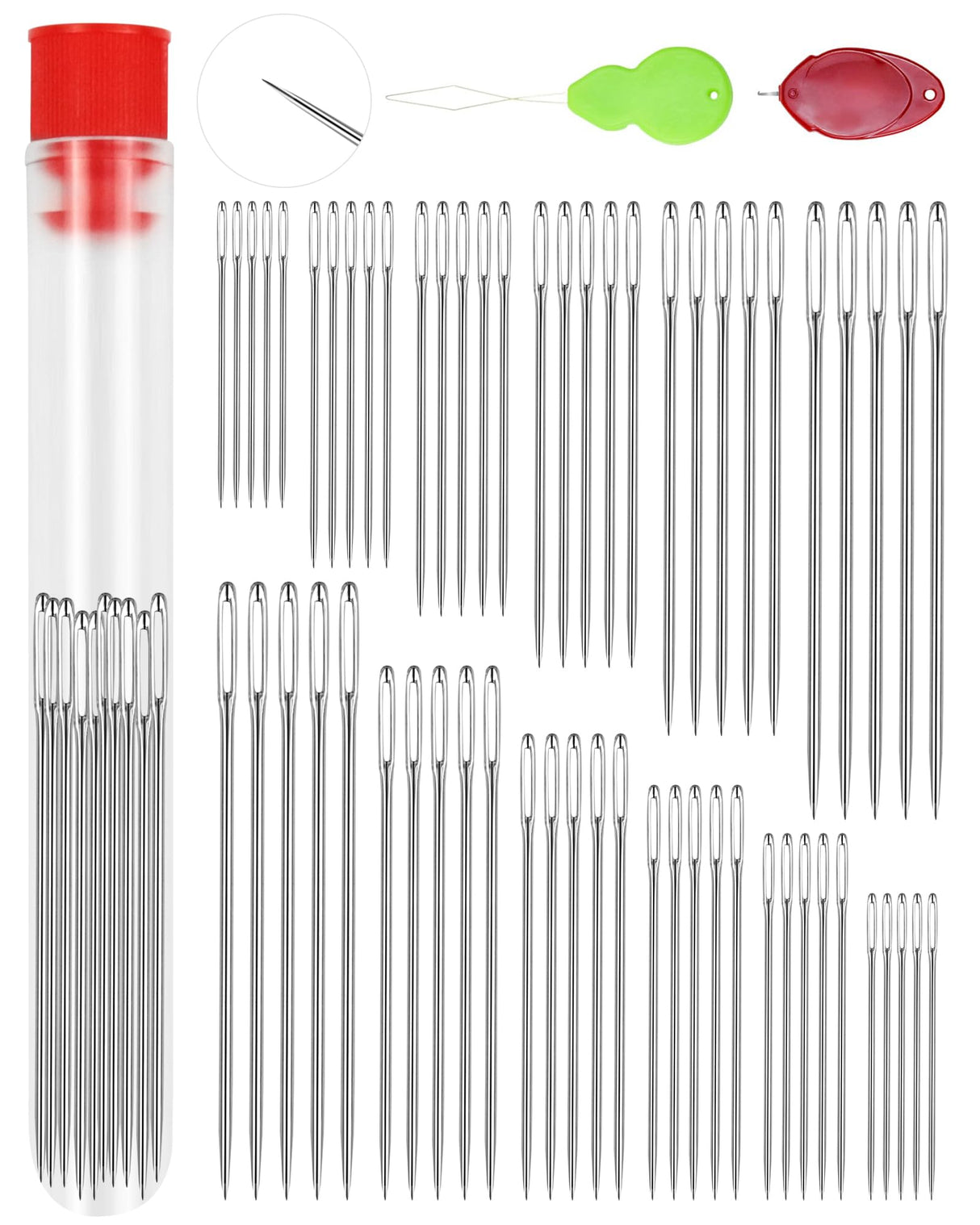 FIVEIZERO 60 PCS Large Eye Sewing Needles, 6 Sizes Hand Sewing Needles, Leather Needle Embroidery Thread Needle, Stainless Hand Quilting Needles with Threaders for Hand Sewing Art Crafts FIVEIZERO