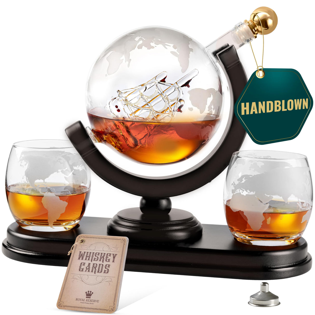 Globe Whiskey Decanter Gift Set by Royal Reserve | Etched World Map Globe Decanter 29 oz 850 ml with Glasses for Bourbon, Liquor – Whiskey Gifts for Men Dad Boyfriend Husband Royal Reserve