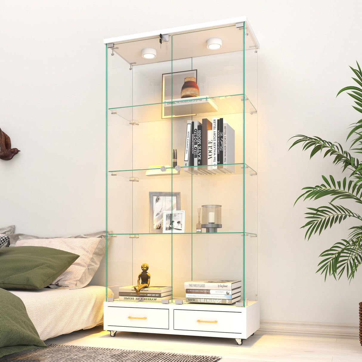 Nimaolt LED Glass Display Cabinet with 2 Door & 2 Drawer, 4-Shelf Curio Cabinet Tempered Glass Floor Standing Bookshelf with Wheels, White Storage Cabinet with Glass Doors for Collections Living Room Nimaolt