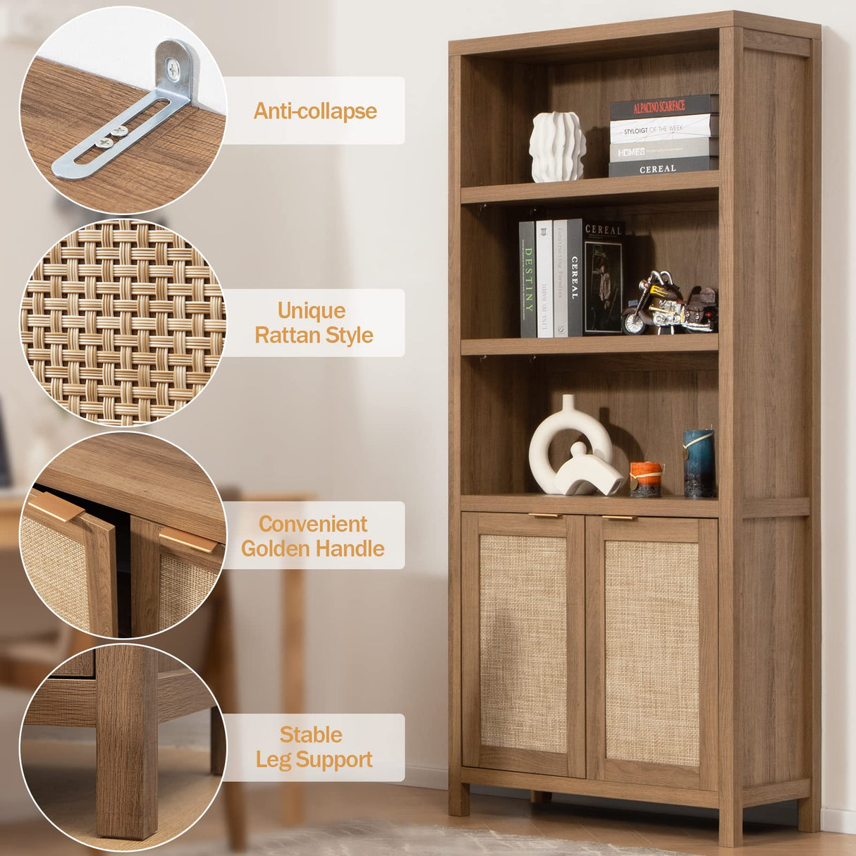 SICOTAS 5-Tier Boho Rattan Bookcase with Doors - Farmhouse Large Bookshelf in Reclaimed Caramel Oak SICOTAS