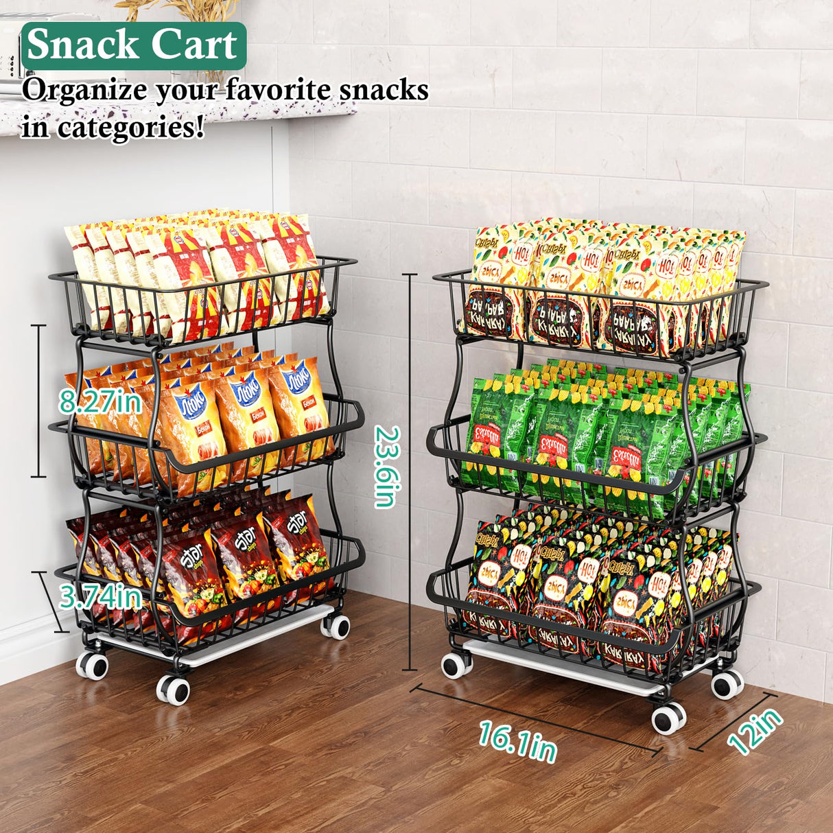 OKZEST 3-Tier Rolling Pantry Floor Organizers and Storage Cart with Wheels, Stackable Wire Pantry Baskets for Pantry Shelves, Kitchen Fruit Basket Stand and Storage Rack for Fruit Snack Onion Potato OKZEST