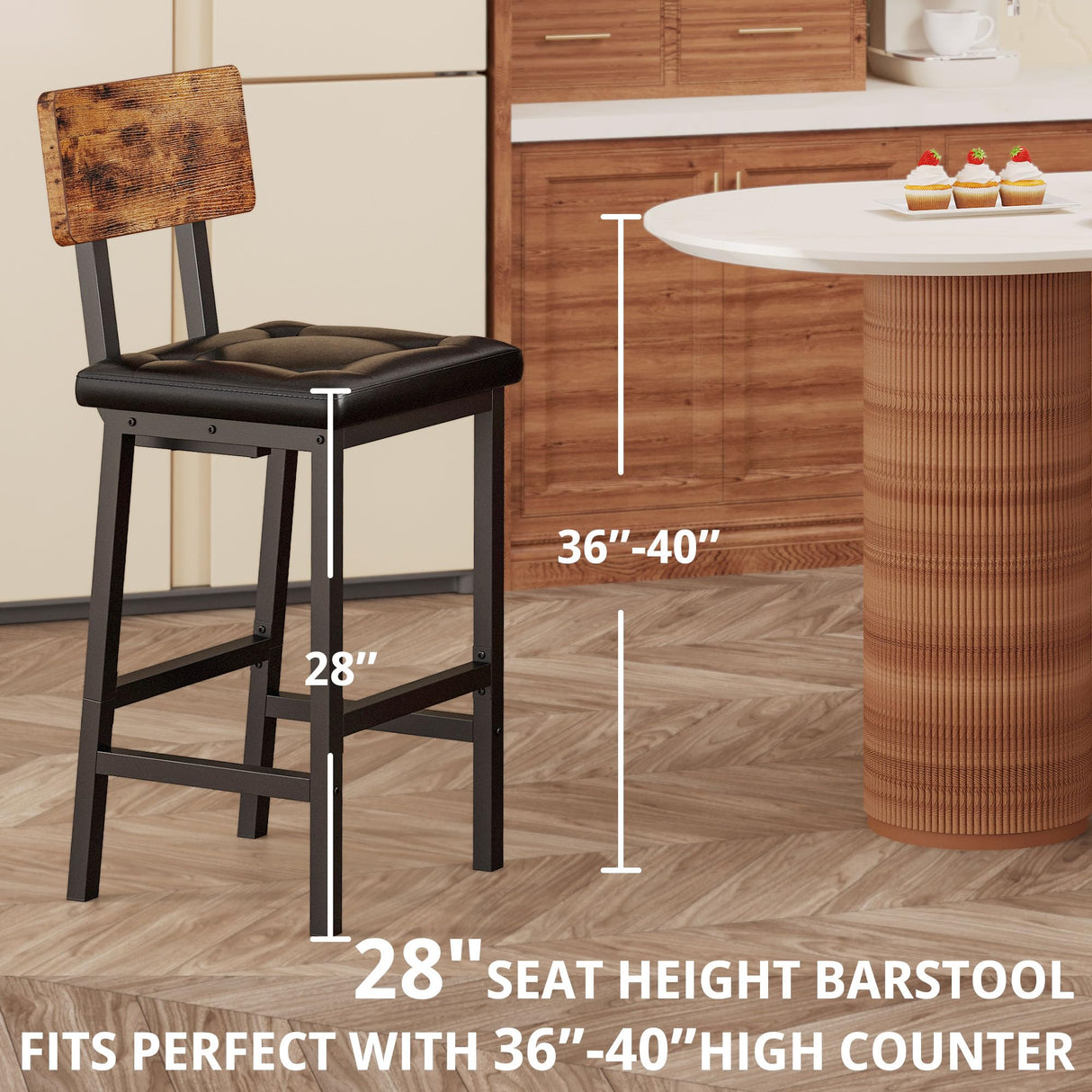IRONCK Bar Stools Set of 2, 16.5in Square PU Upholstered Barstools with Back and Footrest, Thick Cushion Stools for Kitchen Island for Dining Room Kitchen Counter Bar, Rustic Brown and Black IRONCK