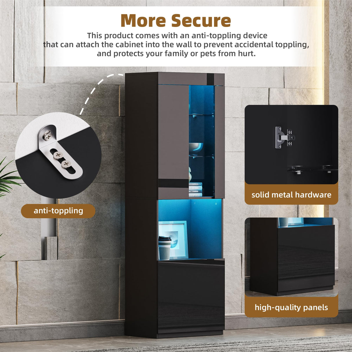 MaiDeHaoo Display Cabinet with LED Lights, 67" Tall Bookcase with 4 Tier Curio Shelves and Multicolor Lights, Modern High Gloss Display Cabinets for Living Room - Black MaiDeHaoo