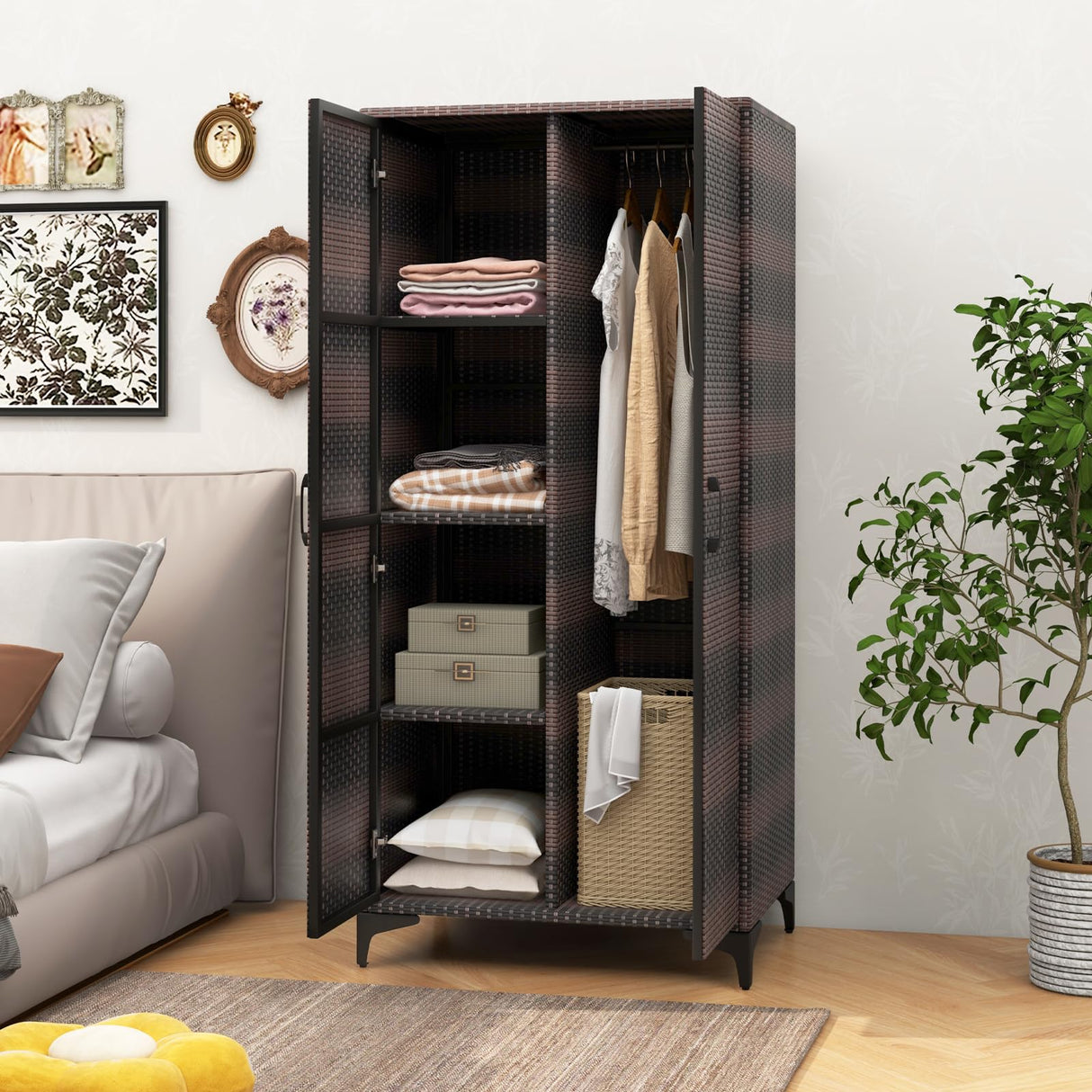 Giantex Wicker Storage Cabinet, 62” Tall Pantry Cabinet with 2 Doors, Hanging Rod, 4 Storage Cubes, Metal Legs, Anti-Tipping Device, PE Rattan Storage Cabinet for Home Office, Garage Cabinets (Brown) Giantex