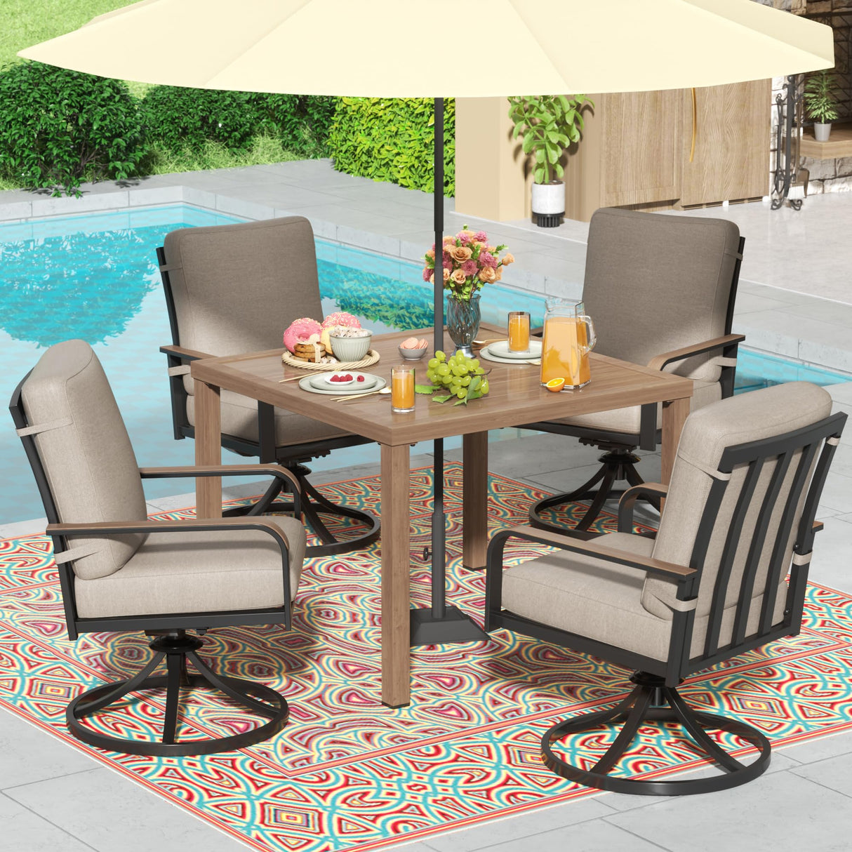 NATURAL EXPRESSIONS 5 Piece Outdoor Patio Dining Sets, 4pcs Swivel Dining Chairs & Square Woodgrain Dining Table with 1.65”Umbrella Hole for Lawn, Garden, Deck, Backyard and Porch NATURAL EXPRESSIONS