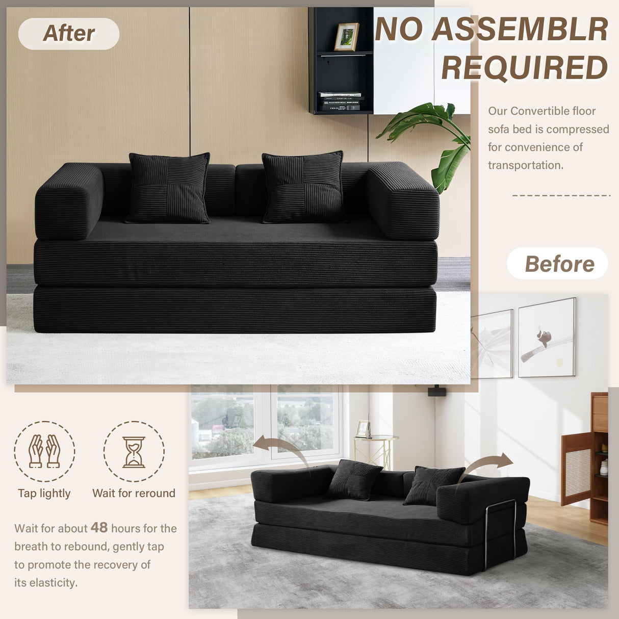 YINIX Foldable Sofa Bed, 81'' Folding Floor Couch, Compressed Convertable Sleeper Sofa, Memory Foam Couch with Pillow Back Support Armrest, 4-in-1 Futon Sofa Bed for Living Room, Black YINIX