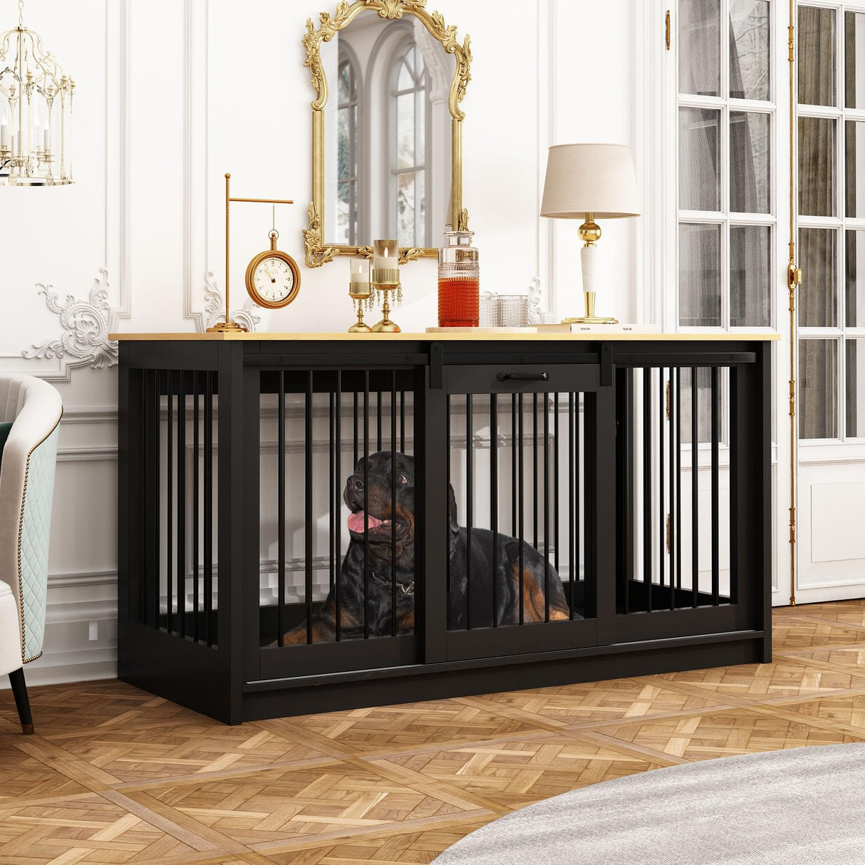 DAWNSPACES Extra Large Dog Crate Furniture, 55" Indoor Heavy Duty Dog Kennel House with Sliding Doors, Furniture Style Dog Crate Table Side End Table TV Stand for XL Large Medium Breed Dogs, Black DAWNSPACES