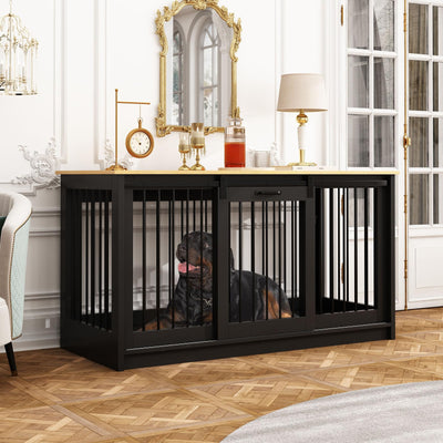 DAWNSPACES Extra Large Dog Crate Furniture, 55" Indoor Heavy Duty Dog Kennel House with Sliding Doors, Furniture Style Dog Crate Table Side End Table TV Stand for XL Large Medium Breed Dogs, Black