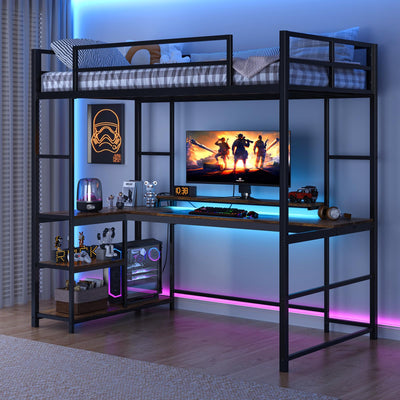 Tatub Twin Loft Bed with Large Desk and LED Lights, Metal Loft Bed Frame with Ladder, Storage Shelves and Adjustable Monitor Stand, Space-Saving Bed for Teens, Kids, Adults, Black