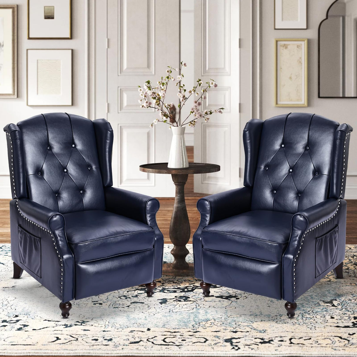 PALLOME Wingback Recliner Chair with Massage and Heat PU Leather Push Back Arm Chair, Recliner Chair for Living Room Bedroom Home Theater (2,Navy Blue) PALLOME