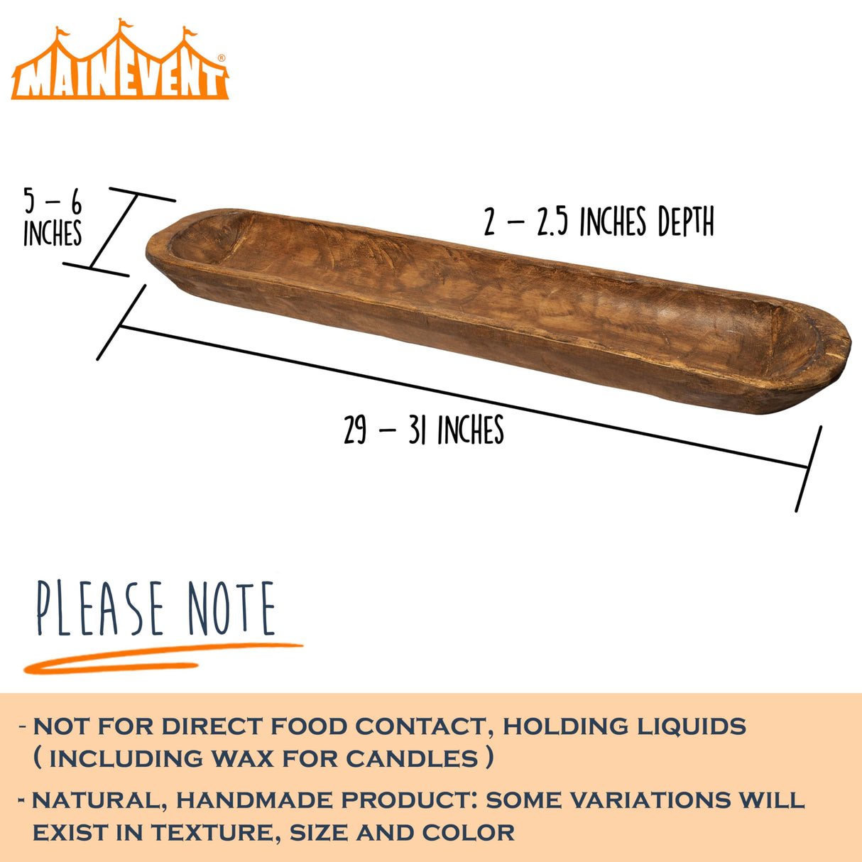 Decorative Wooden Dough Bowl Decor Approx 30 Inch, Hand Carved Rustic Wood Long Dough Bowl, Large Carved Dough Bowl, Long Wooden Bowl, Bread Shaped Bowl Wooden Large Dough Bowl Centerpiece Made in USA MAINEVENT