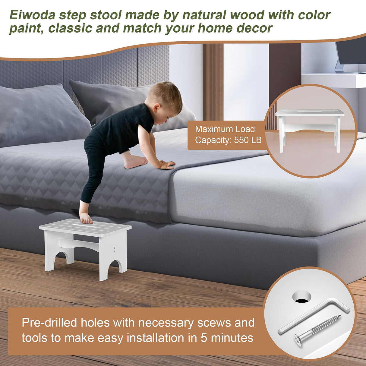 Wooden Step Stool for Adults, 9" Portable Wood Step Stool for Kids, Heavy Duty Bedside One Step Stool with 550 Lbs Load Capacity, Non-Slip White Foot Step Stool for Kitchen Bathroom Bedroom Eiwoda