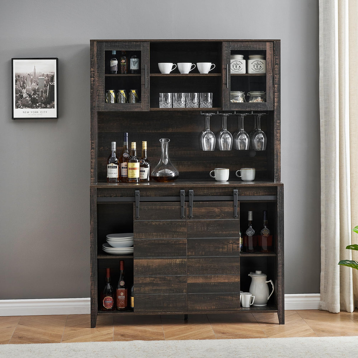 IDEALHOUSE Farmhouse Coffee Bar Cabinet with Sliding Barn Doors, 70'' Kitchen Hutch Cabinet with Storage, Wine&Glasses Rack, Tall Sideboard Buffet Cabinet for Kitchen, Dining Room, Oak IDEALHOUSE