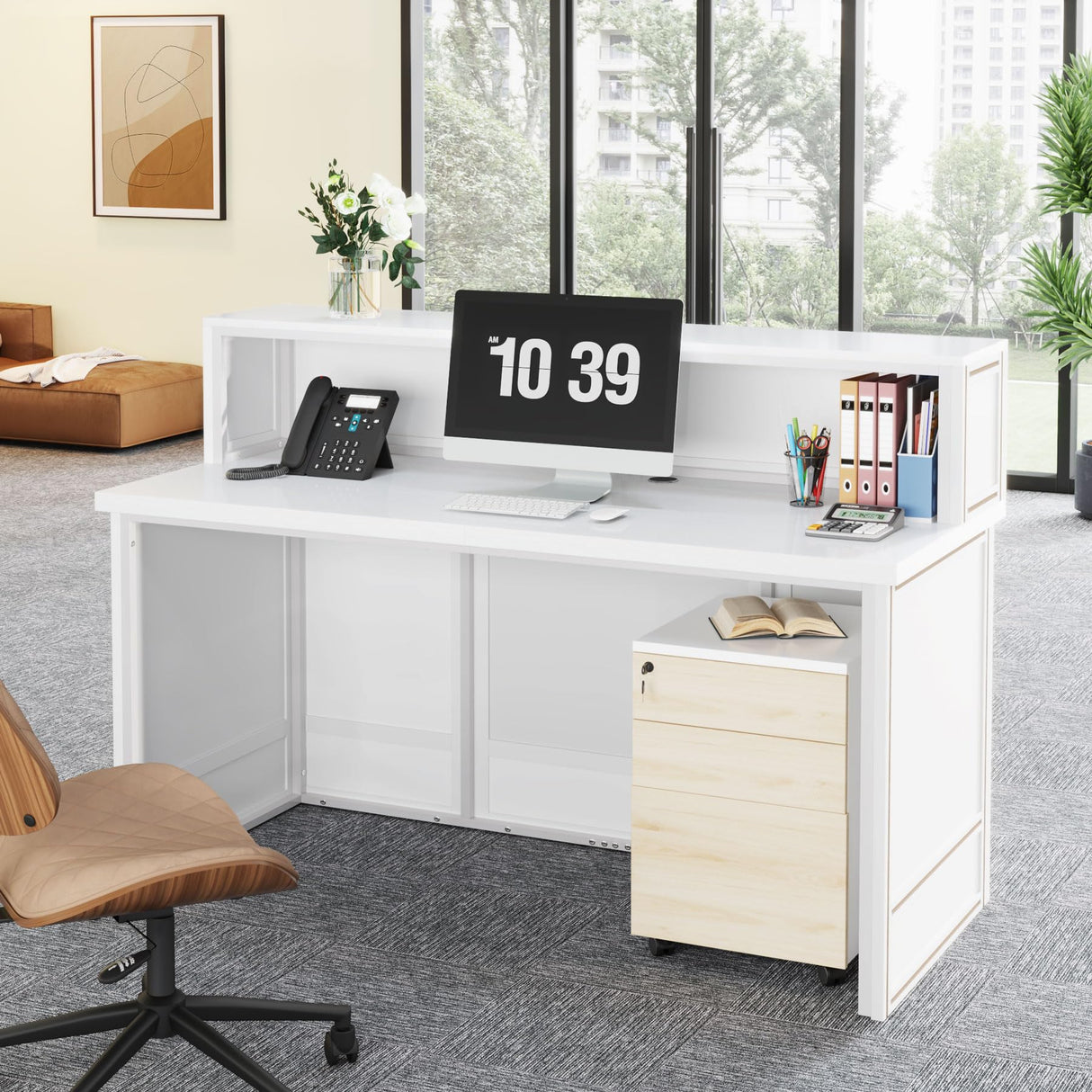 Tribesigns Reception Desk with Counter, 57-Inch Rustic Front Receptionist Table, Boho Welcome Desk Checkout Counter for Office, Retail, Lobby, Beauty Salon (White) Tribesigns