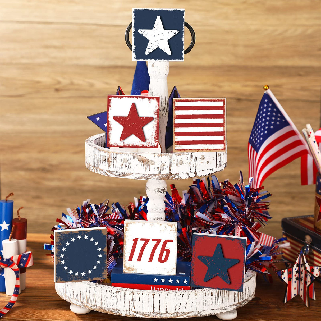 6 Pcs Independence Day Wood Signs Rustic Patriotic Standing Blocks Decor for Home 4th of July Table Centerpiece Labor Day Tiered Tray Decorations for Shelf Party Decor Panelee