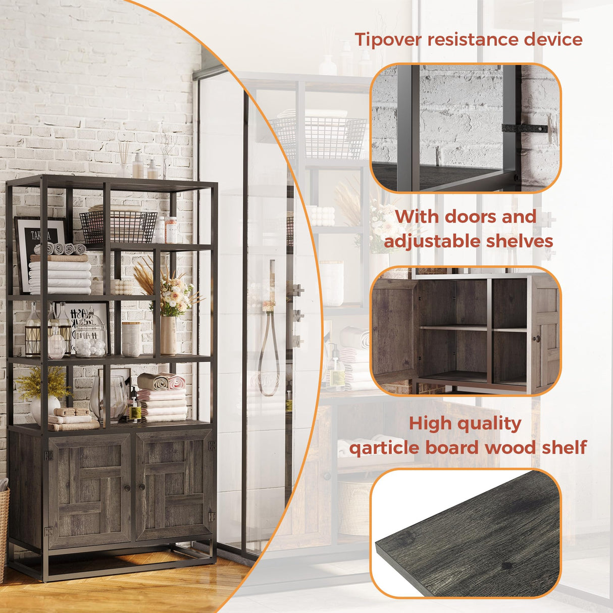 IRONCK Bookshelves and Bookcases, 71inch 6 Tiers Tall Bookcase with Storage Cabinet, 35.4in Wide Book Shelf with Doors and Adjustable Shelves, Industrial Bookshelf for Home Office, Living Room IRONCK