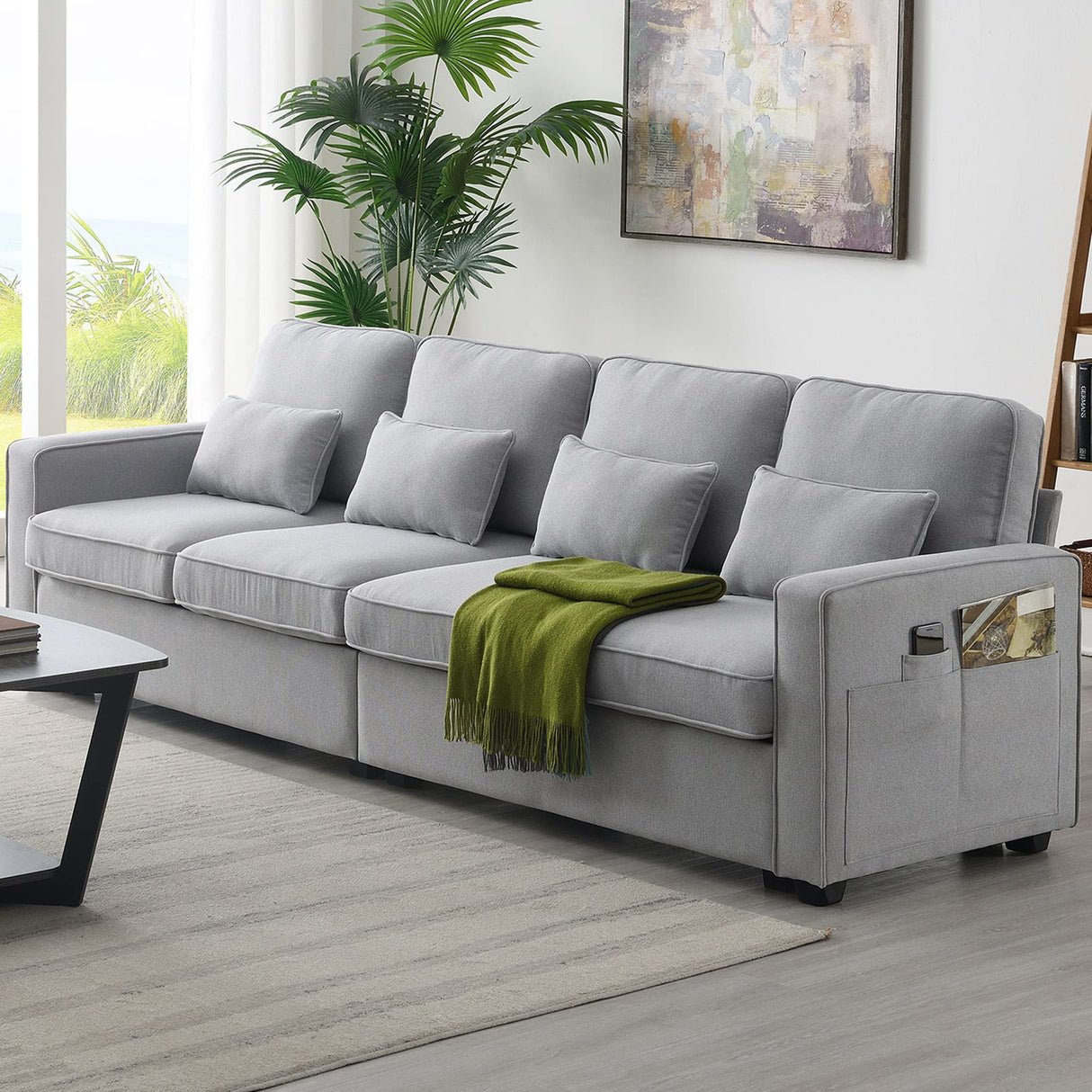 Brisca 104" 4-Seater Modern Linen Fabric Sofa with Armrest Pockets,Minimalist Style Wood Frame Couch W/4 Pillows,for Living Rooms,Apartments,Offices,Light Grey Brisca