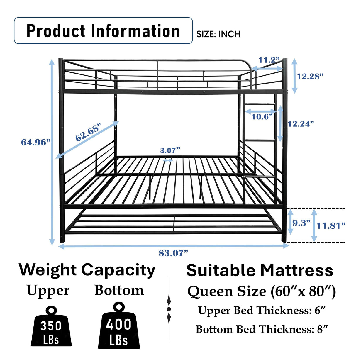 PVWIIK Queen Over Queen Bunk Bed with Shelf & Full Length Guardrail,Convertible Bunk Bedframe w/Ladder for Adults,Teens, Kids,No Box Spring Needed, Black PVWIIK