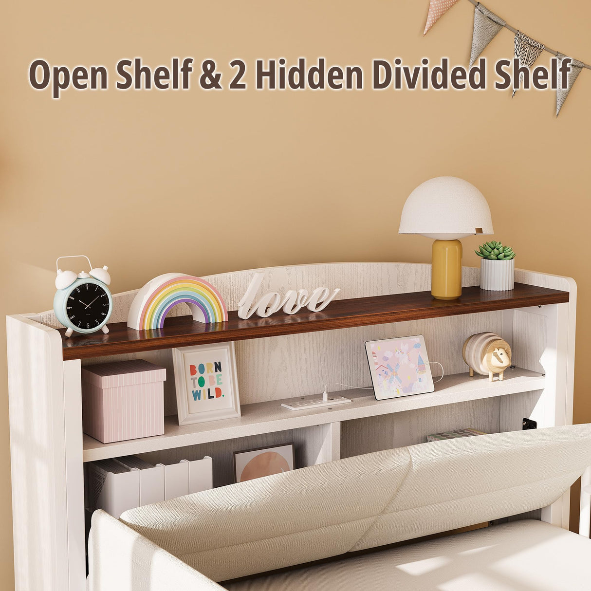 IRONCK Twin Bed Frame with Rails, Farmhouse Platform Bed with 2 Drawers, Upholstered StorageHeadboard & Charging Station for Boys Girls Teens, No Box Spring Needed, White/Walnut IRONCK