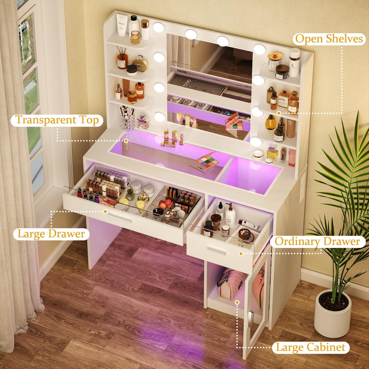 HUAHUU Vanity Desk with Mirror and Lights, Makeup Vanity Desk with Lights 3 Colors, Transparent Top Vanity with 2 RGB Drawers, 6 Shelves, Large Tempered Cabinet, Power Outlet, for Bedroom, White HUAHUU