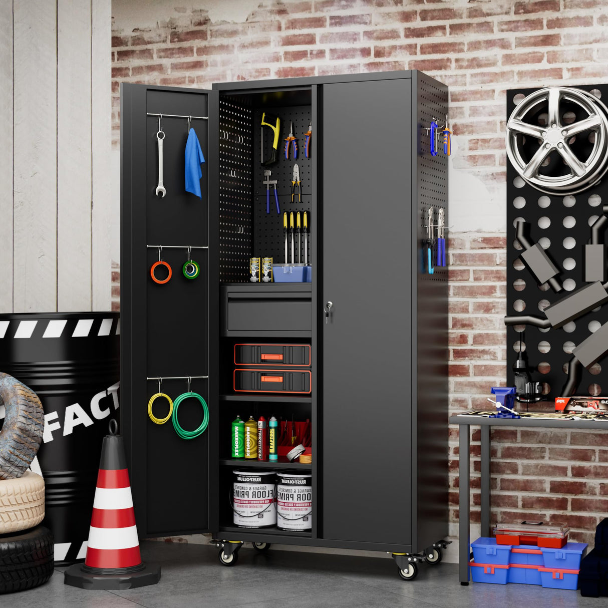 Reemoon 71" H Metal Garage Storage Cabinet with Wheels and Doors,Rolling Tool Storage Cabinet with Pegboard and Drawer for Garage Warehouse Home,Required Assembly,Black Reemoon