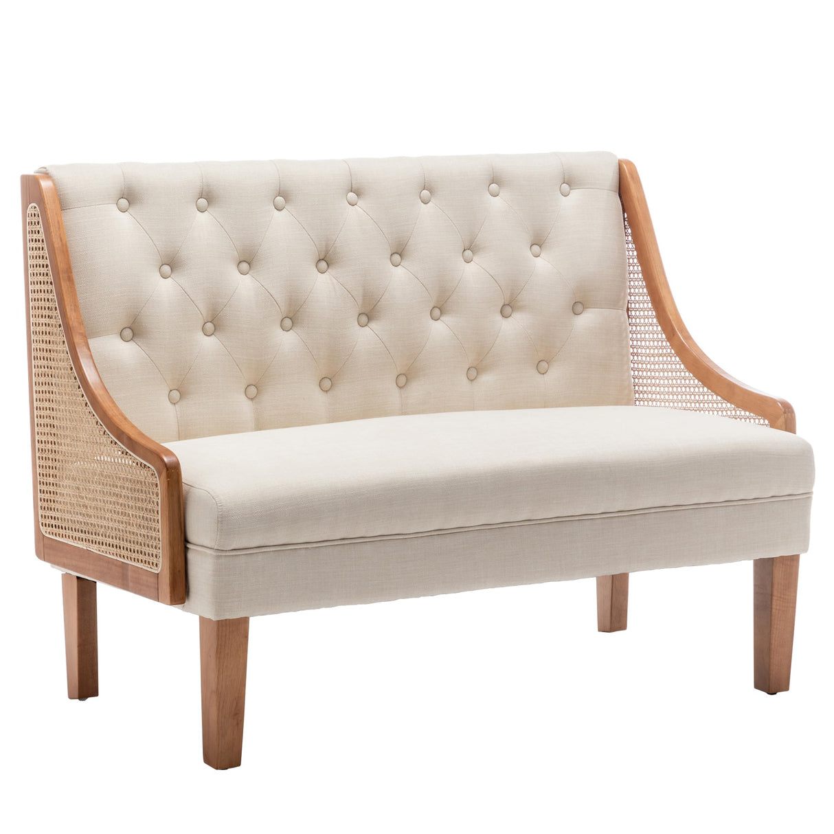 Yongqiang Modern Settee with Back Small Loveseat Sofa Rattan Upholstered Dining Banquette Seating for Kitchen Dining Room Living Room Linen Button Tufted Mini Couch Yongqiang