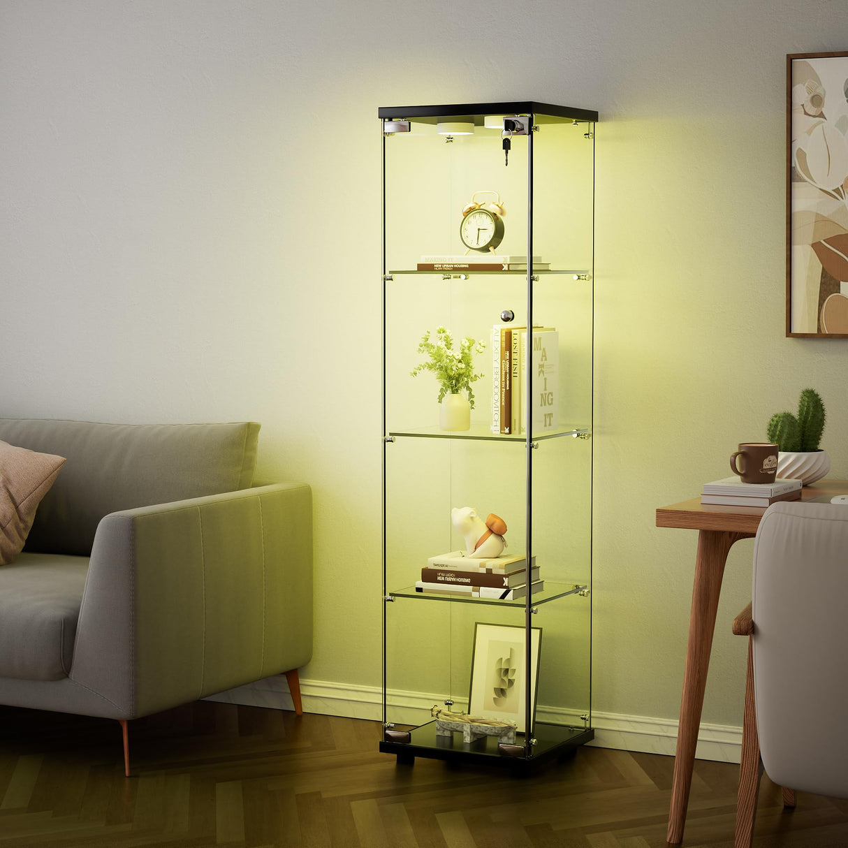 Goujxcy 64" Curio Cabinet, 4 Shelves Glass Display Cabinet with LED Lights, Glass Storage Cabinet with Door, Collectibles Toy Organizers Rack, Display Shelf, Kids Bookcase for Playroom, Bedroom, Black Goujxcy