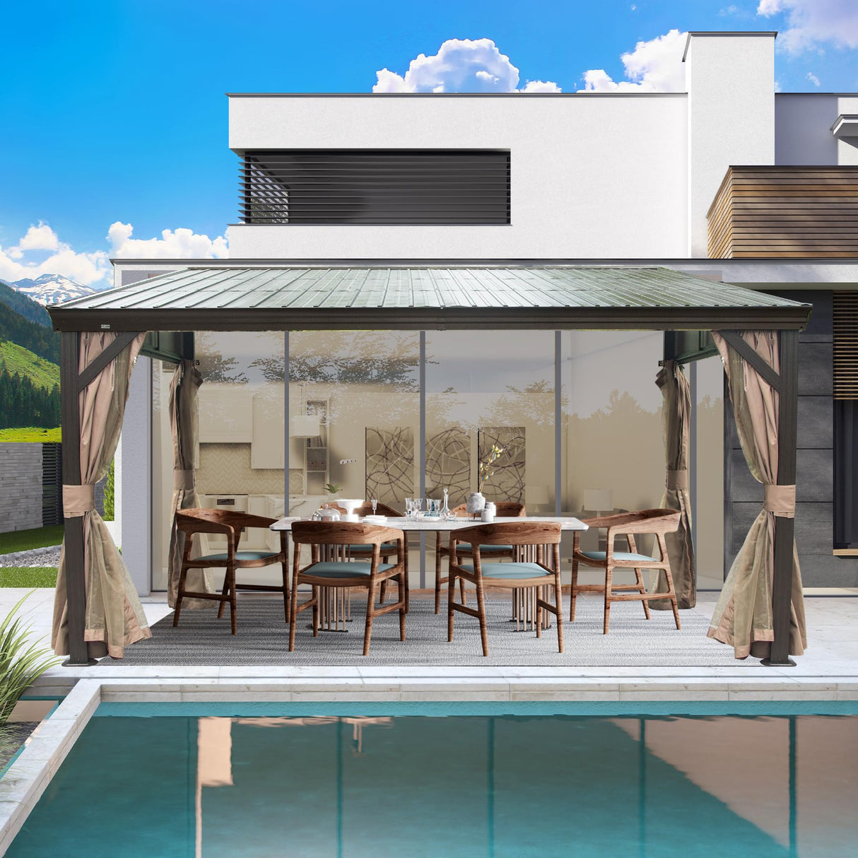 Domi 12x14FT Lean to Gazebo, Aluminum Wall Mounted Gazebo with Sloping Galvanized Steel Roof, Curtains and Netting, Outdoor Hardtop Gazebo Pergola for Patio, Deck, Garden, Backyard domi outdoor living