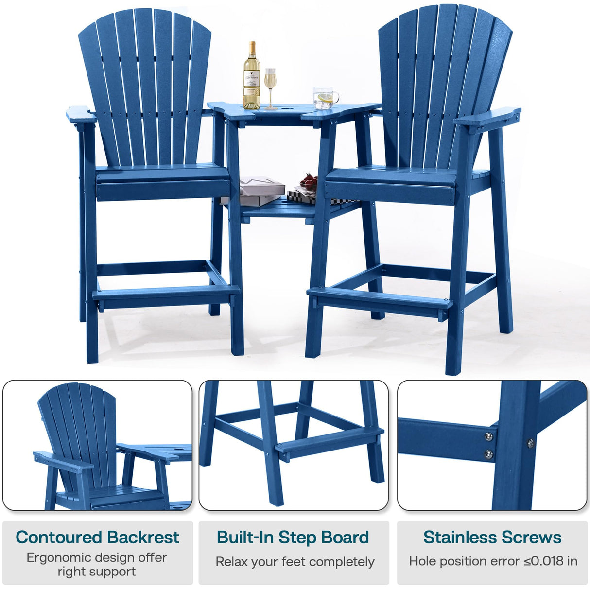 NAVINE Tall Adirondack Chairs Set of 2, HDPE Balcony Chair with Double Connecting Tray, Weather Resistant Outdoor Adirondack Bar Stools for Patio, Deck, Patio, Backyard, Balcony.(Navy Blue) NAVINE