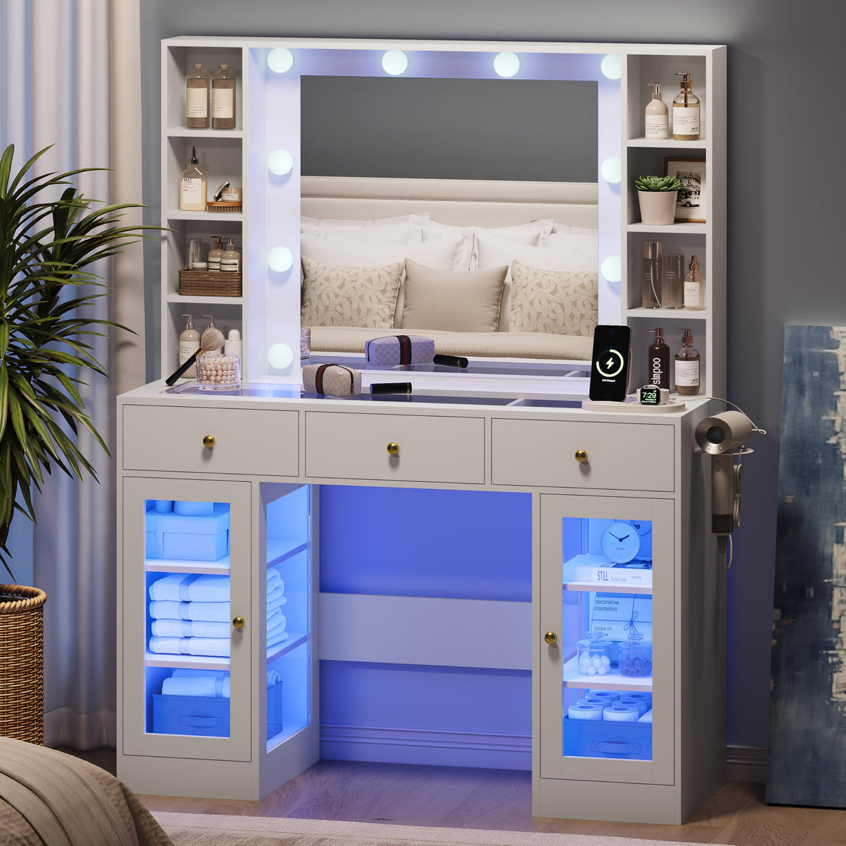 Makeup Vanity Desk with Mirror and Lights, Glass Top Vanity Table Set with Drawers & Power Outlet, Large Dressing Table with 3 Color Lighting Modes & RGB Cabinets for Women Girls Kids Bedroom, White Xixini