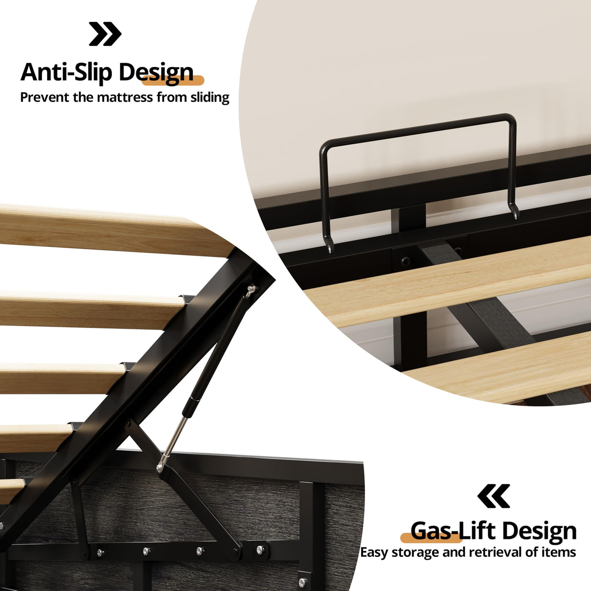 LIKIMIO Platform Queen Size Bed Frame, Farmhouse Bed Frames with Lift Up Storage, Wooden Slats, Sturdy and No Noise, Easy Assembly, Charcoal Grey LIKIMIO