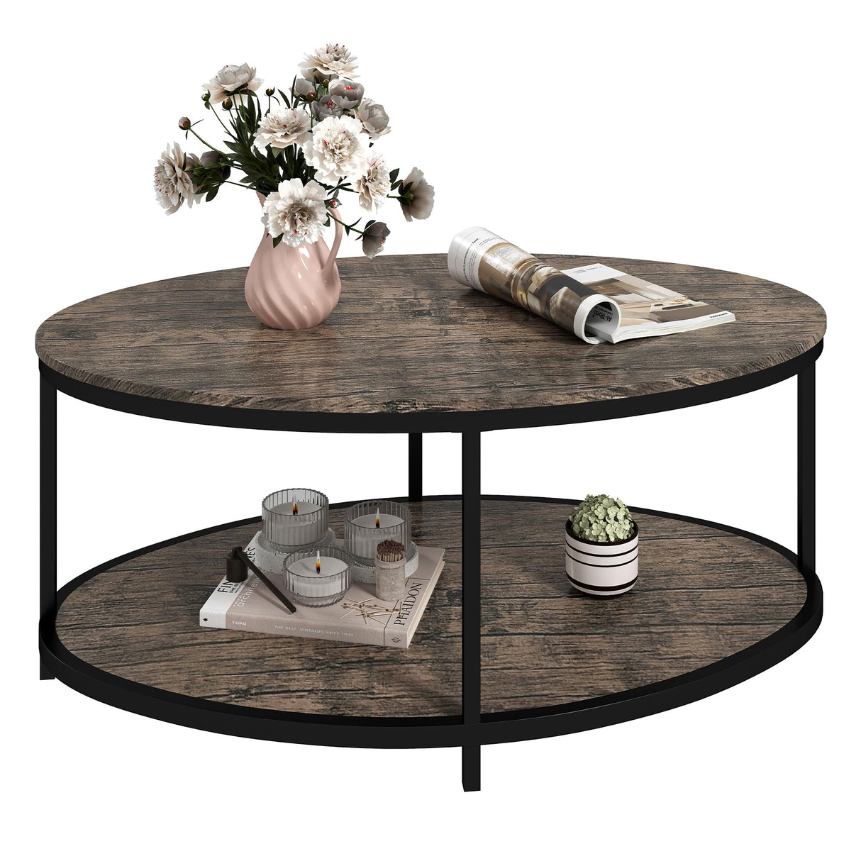 ROCSUMOO 43.3”Oval Coffee Table for Living Room, 2-Tier Coffee Table with Open Storage Shelf, Modern Wooden Side Table for Bedroom Home Office (Oval, Walnut) ROCSUMOO