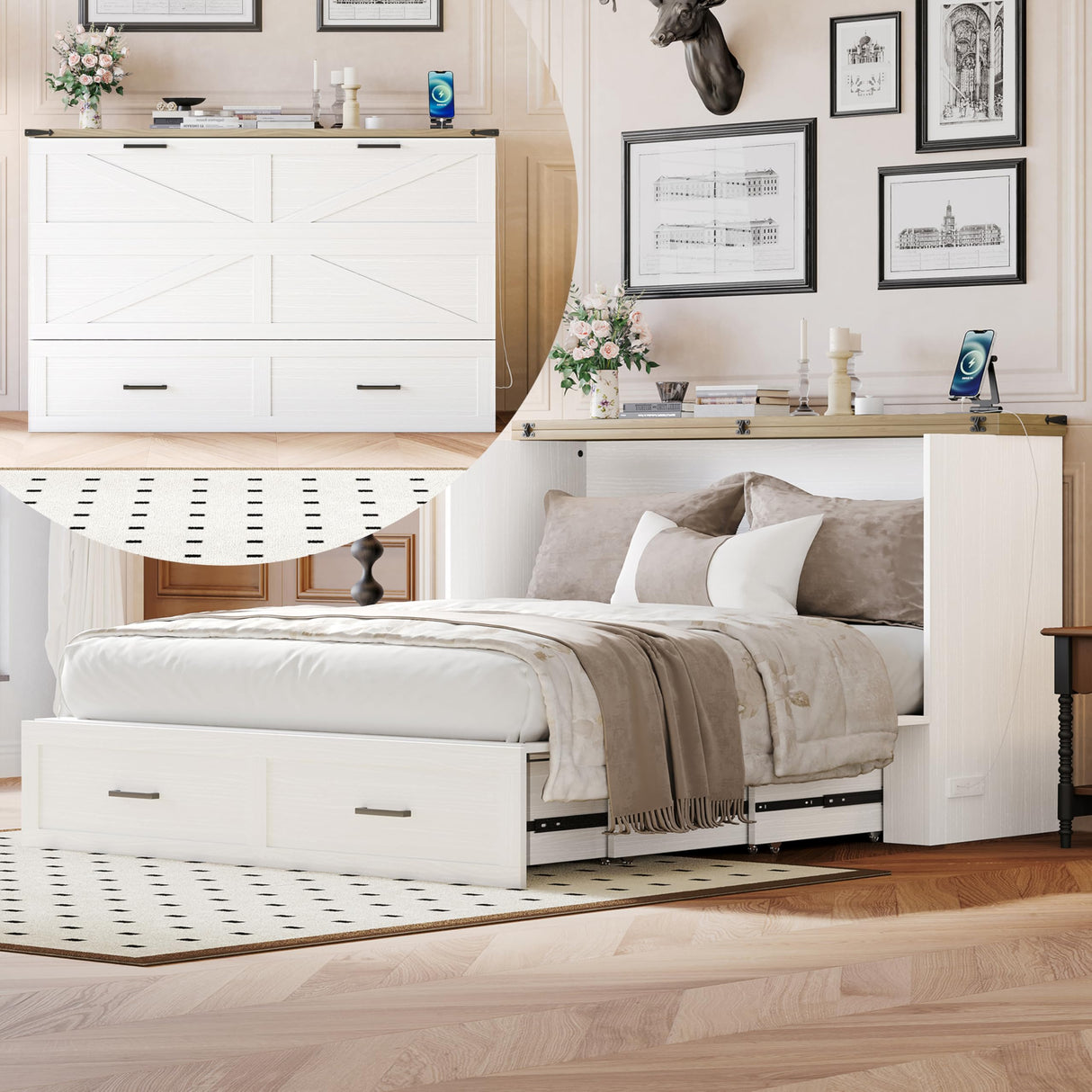 Ball & Cast Queen Murphy Bed with Charging Station,Farmhouse Murphy Cabinet with Large Storage Drawer,Hideaway Bed Foldable Platform Bed for Guest Room, Apartment, White Ball & Cast