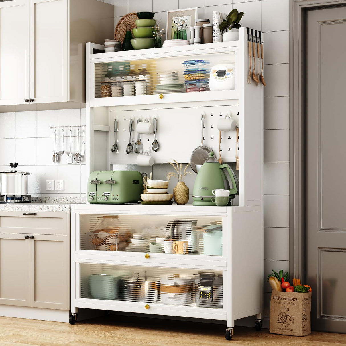 65'' Tall Kitchen Bakers Rack with Flip Door Cabinet, 5 Tier Multifunctional Microwave Stand Buffet, Coffee Bar, Kitchen Pantry Storage Cabinet Shelf, Quick Assembly, White Legendstone