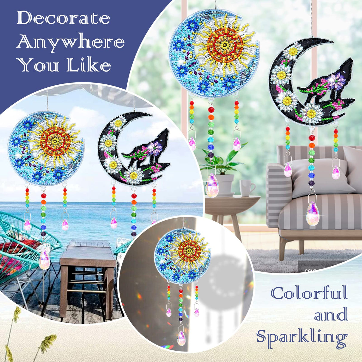 ZYNERY 2 PCS Diamond Painting Wind Chime, Suncatcher Kit Diamond Art for Adults Kids, Painting Kits Hanging Pendant for Home Garden Outdoor Decor (Moon Wolf, Moon Sun) ZYNERY