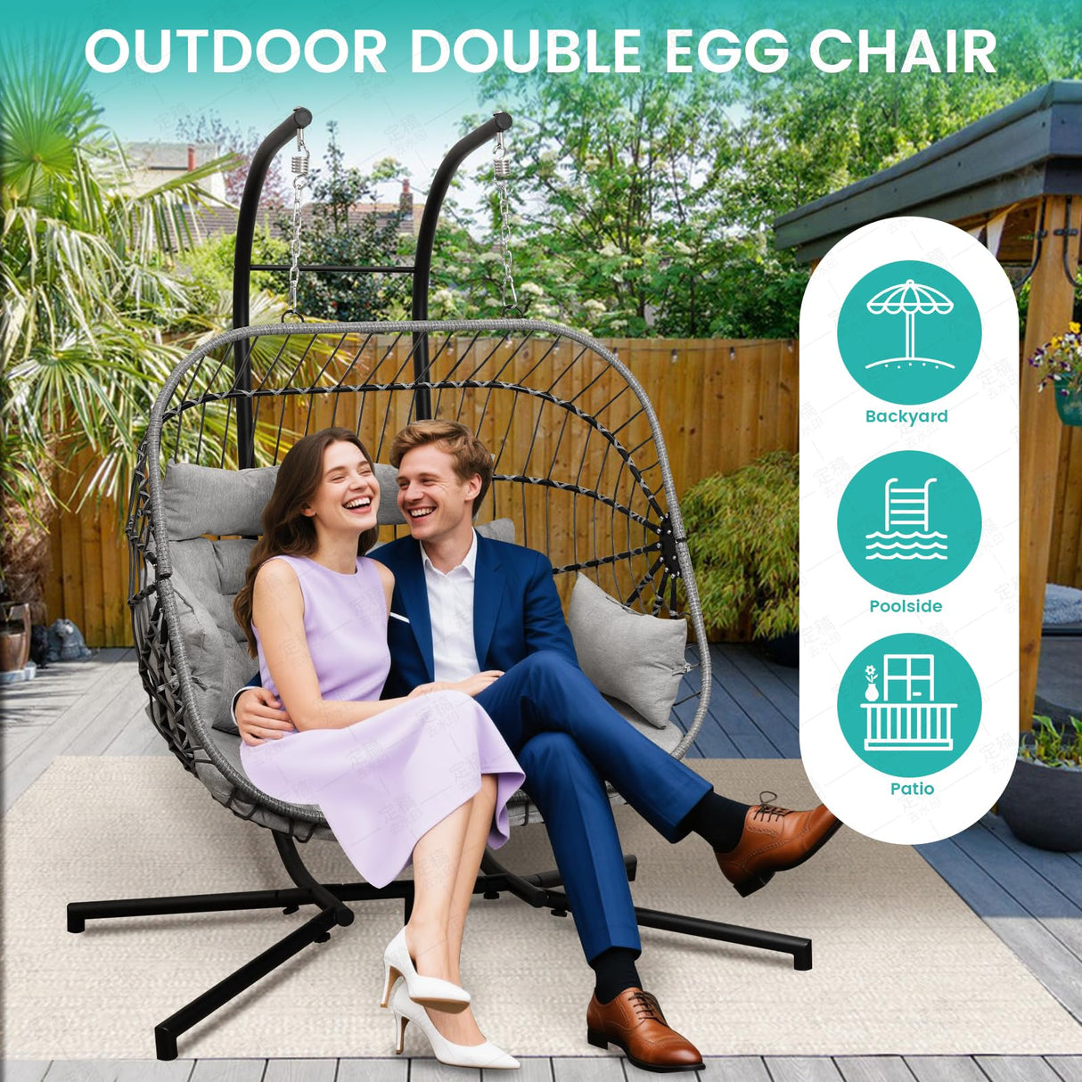 Double Egg Swing Chair with Stand Patio Rattan Wicker Hammock Chairs Outdoor Indoor Egg Swing Chair with Cushion Headrest 550 Lbs Capacity for Bedroom Balcony Garden Porch Backyard, Grey Olaterior