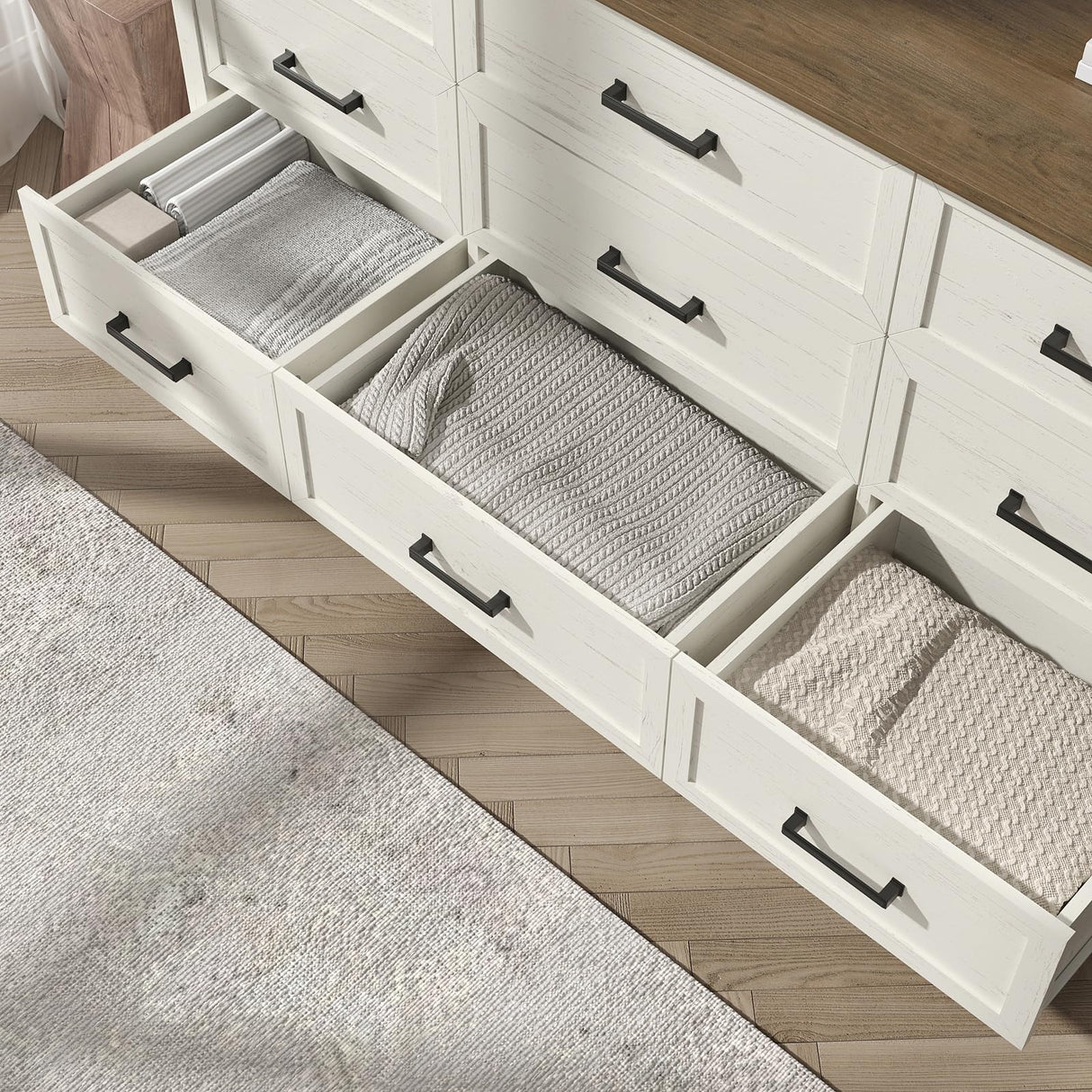 BAZELOR Farmhouse 9 Drawers Dresser for Bedroom, Modern Dresser with Metal Handle, Natural Texture, Wood Rustic Chest of Drawers for Bedroom,Living Room,Hallway and Entryway, Antique White BAZELOR